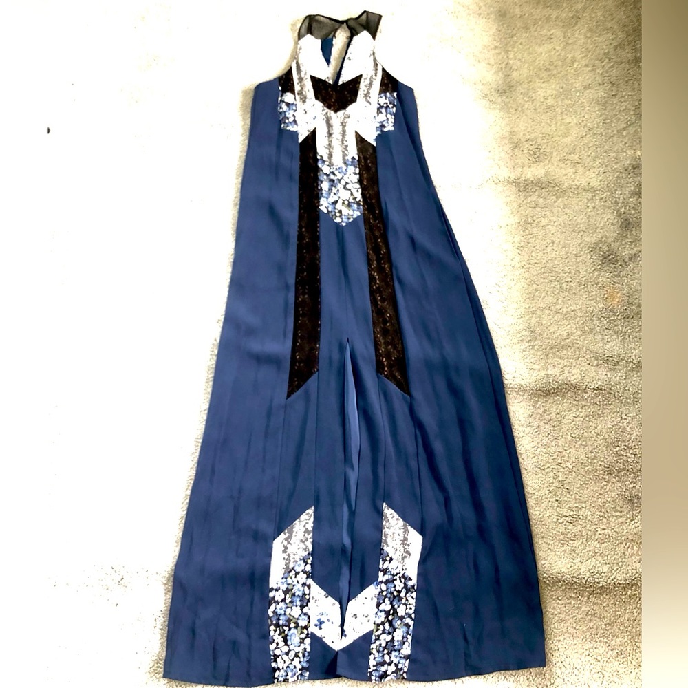 worn 1x BCBG Maxazria long maxi navy blue a-line white black floral dress XXS XS